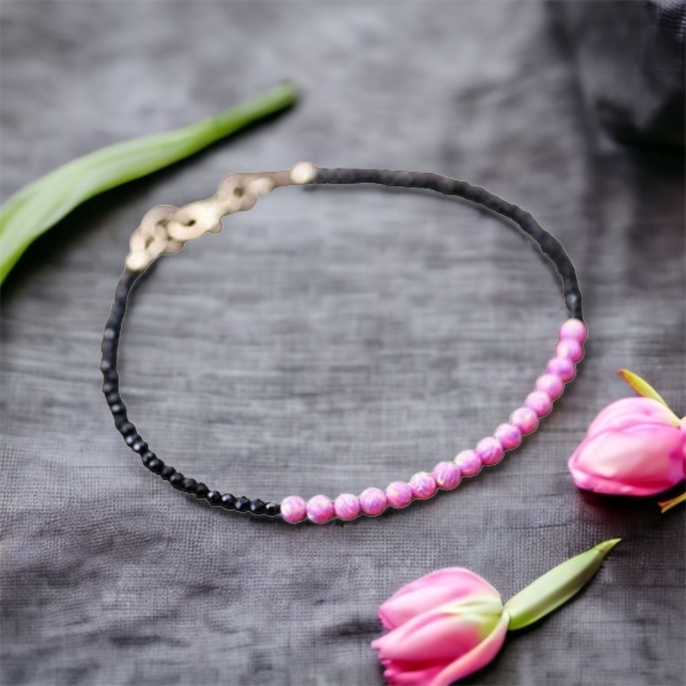 Handmade Natural Black Spinel and Pink Opal Bracelet 14k Gold Filled 7"
